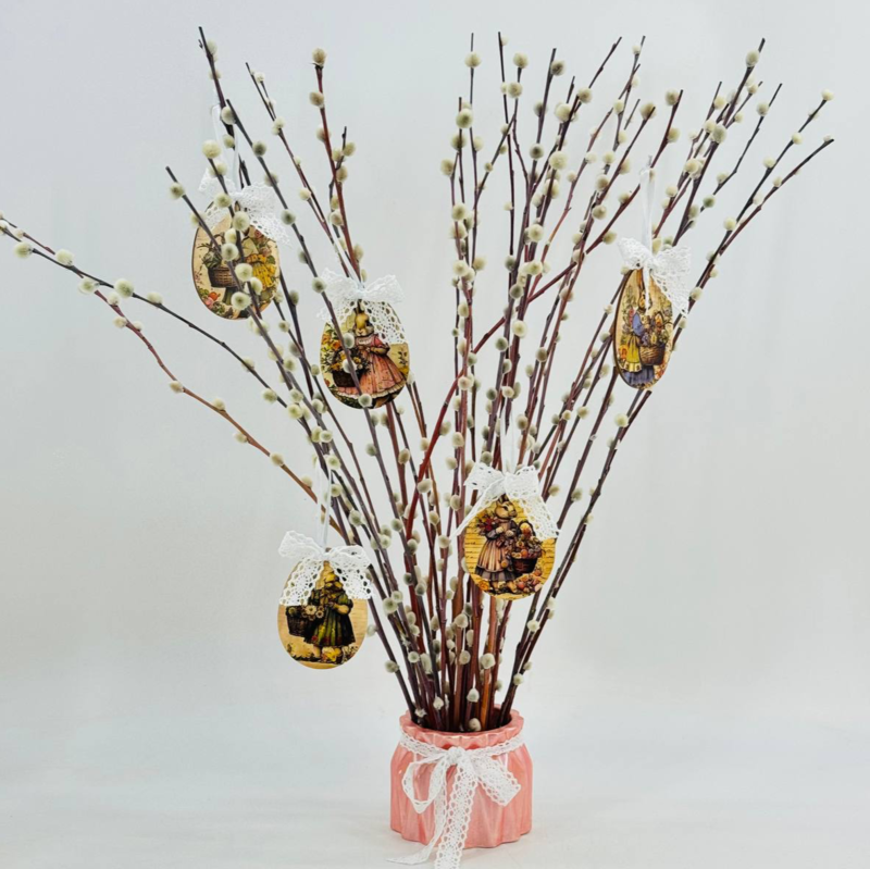 Пасхальная композиция, верба живая красноталка в вазе из гипса ручной работы. Пасхальный декор, стандартный