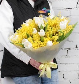 Мимоза и белые тюльпаны. Букет мимозы и тюльпанов на 8 марта