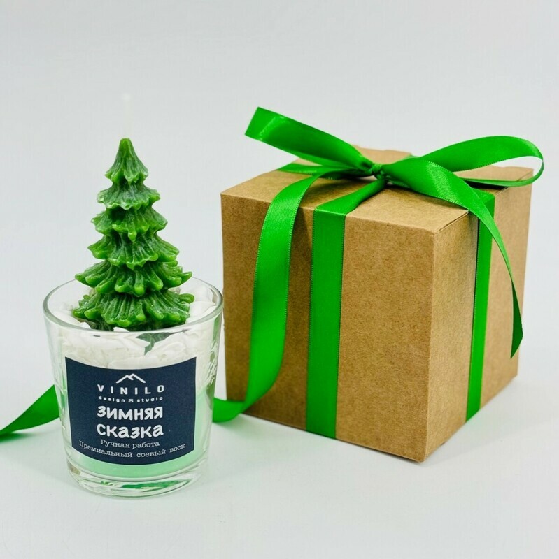 Новогодняя арома свеча в стакане ручной работы с ёлочкой "Зимняя сказка", стандартный
