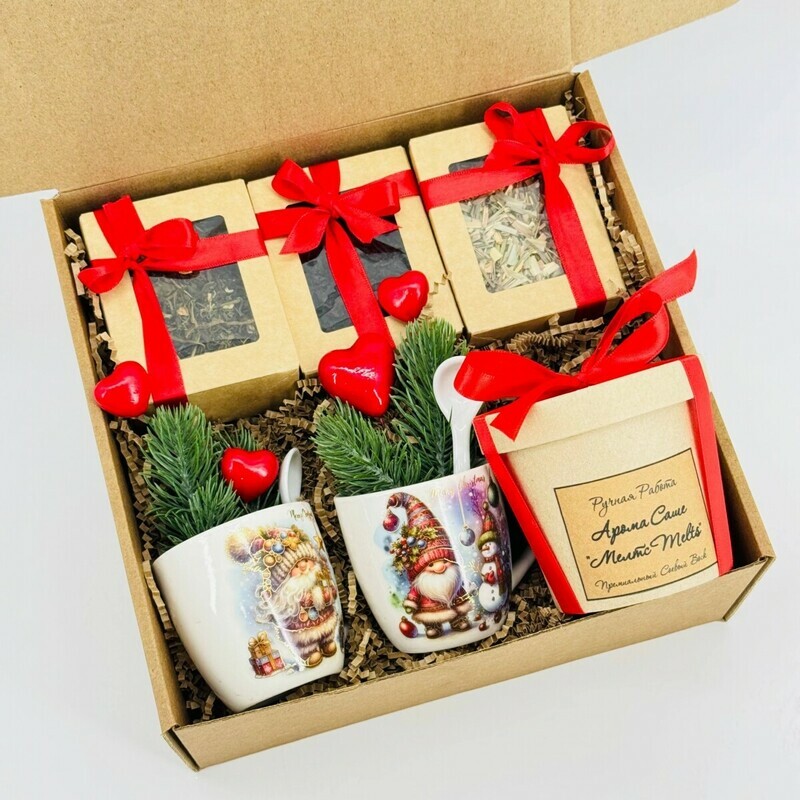 Новогодний подарочный набор, бокс. Чай элитный, новогодняя кружка, арома саше мелтс ручной работы, стандартный