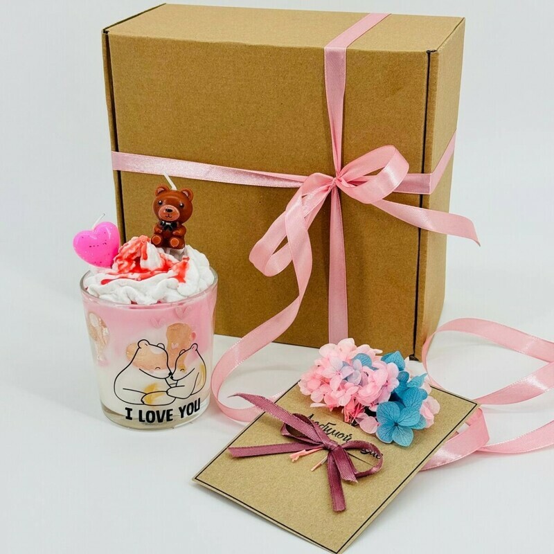 Подарочный набор свеча ручной работы в стакане и открытка ручной работы с цветами гортензии для мамы, стандартный