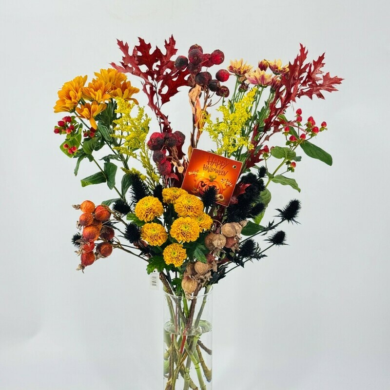 Buket osennij na Hellouin iz hrizantem, eringium, list_ev klyona guyork. TCveti na Hellouin, standart