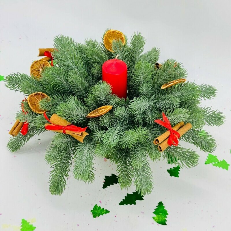 Настольная композиция из искусственного нобилиса со свечой. Новогодний декор, стандартный