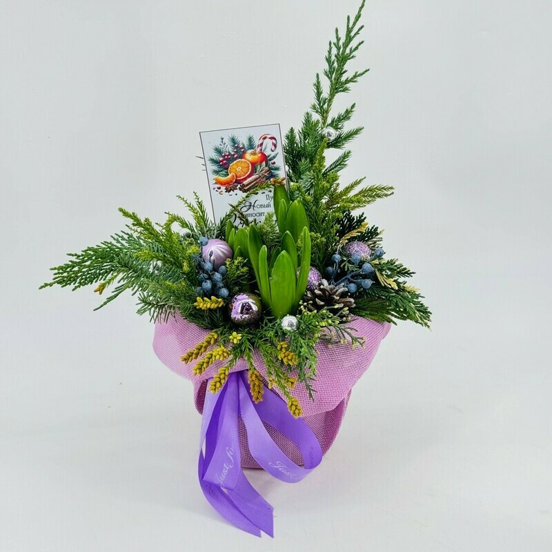 Зимний букет с первоцветами гиацинтами и натуральной хвоей, нобилис. Подарок на новый год, стандартный