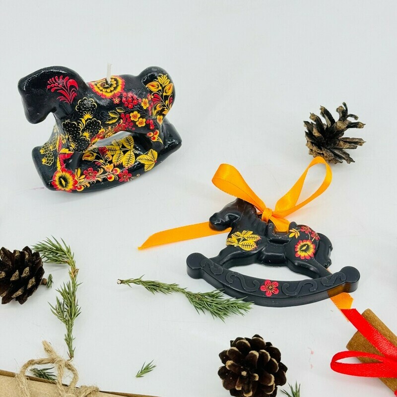 Podarochnij nabor aroma svecha loshadka kachalka i aroma sashe ruchnaya rabota hohloma, standart