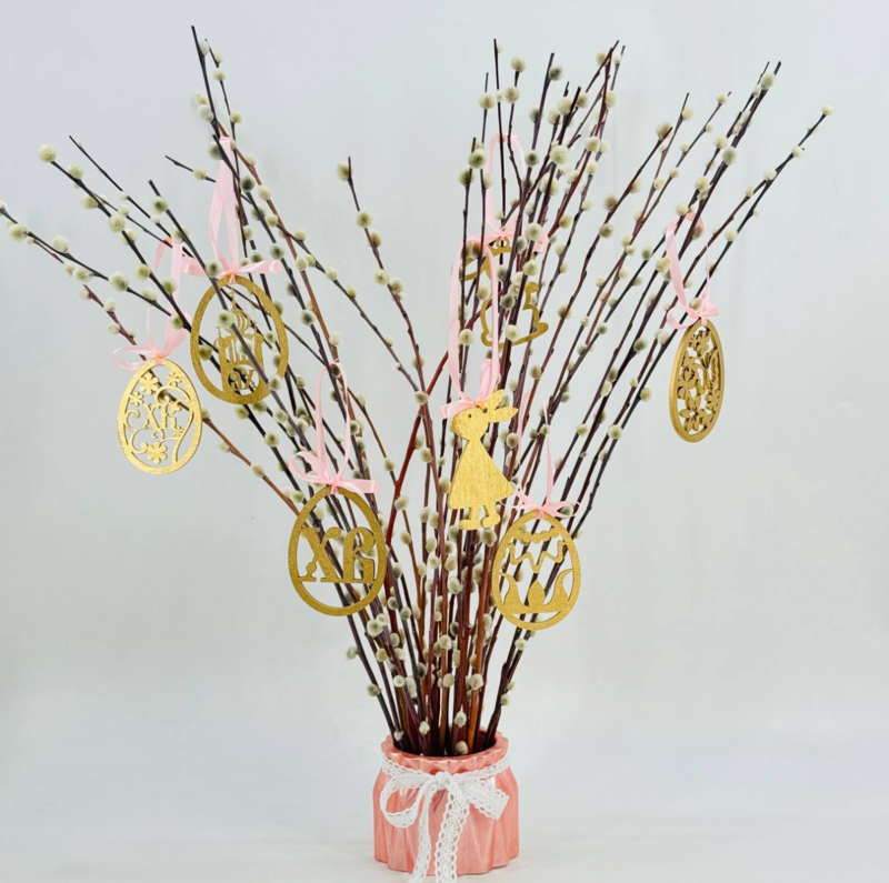 Пасхальная композиция букет в вазе гипс ручной работы. Верба живая. Декор на Пасху, стандартный