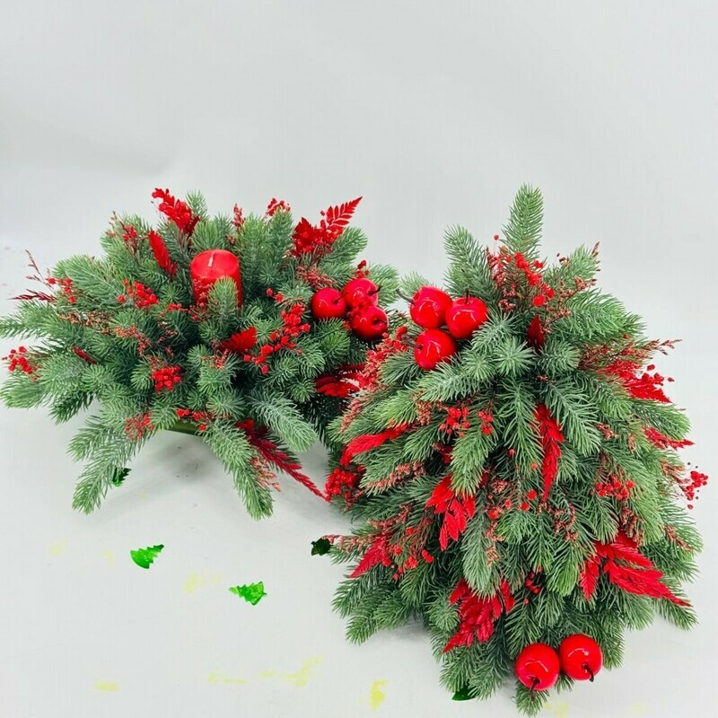 Новогодний декор 2 в1 ёлочка 40 см и настольная композиция со свечой из искусственного нобилиса, стандартный