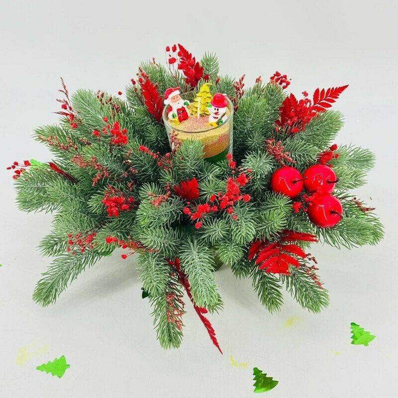 Новогодняя настольная композиция из искусственного нобилиса со свечой в стекле ручной работы, стандартный