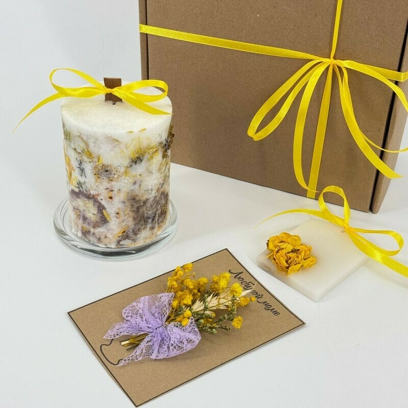 Подарочный набор. Интерьерная ботаническая свеча ручной работы и арома саше, стандартный