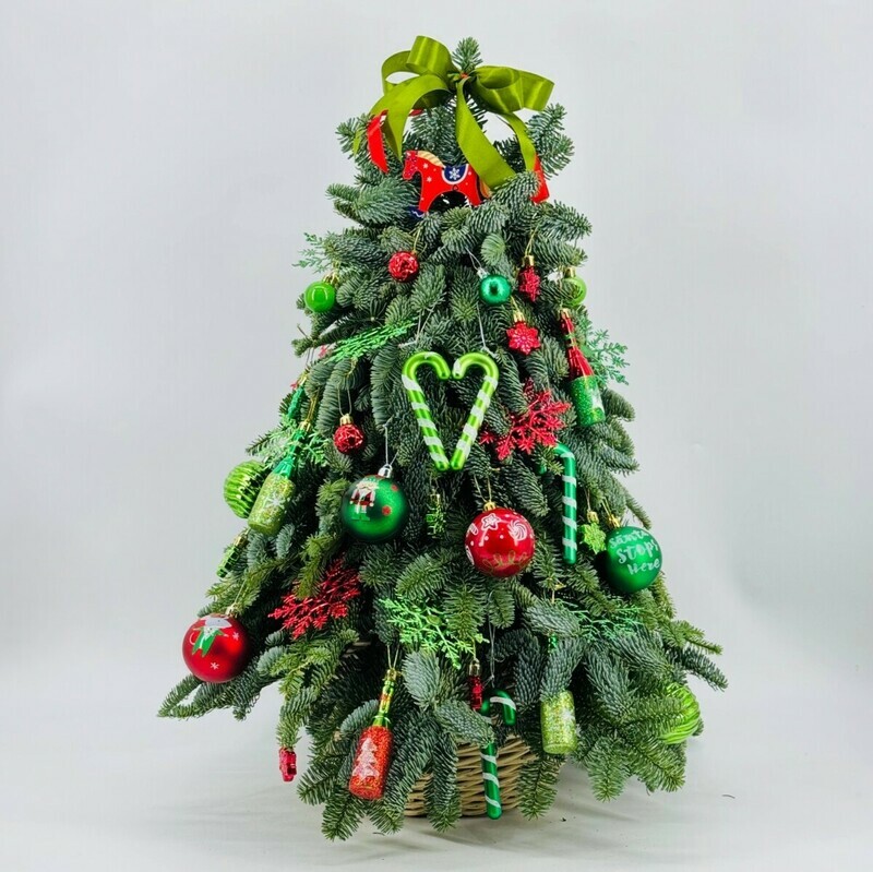 YOlka novogodnyaya 70 sm ruchnoj raboti iz vetok datskoj eli nobilis v kashpo iz rotanga, standart