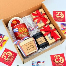 Подарок мужчине на 23 февраля. Чайный бокс с кружкой , сладкими орехами и арома саше