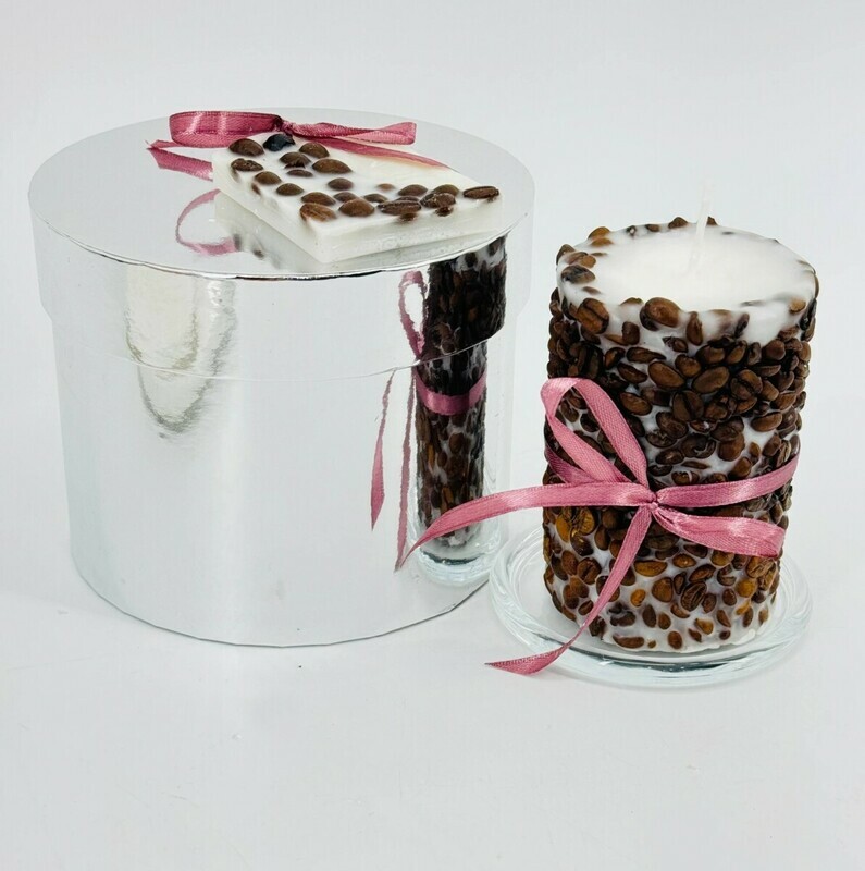 Свеча ботаническая с кофейными зёрнами и арома саше. Подарочный набор, стандартный