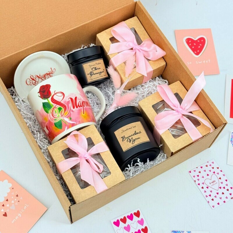 Подарочный набор на 8 марта для мамы, коллеги. Чай элитный, кружка, орехи, свеча ручной работы, стандартный