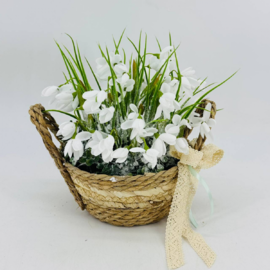 Авторская композиция  из искусственных цветов подснежники в плетёном кашпо