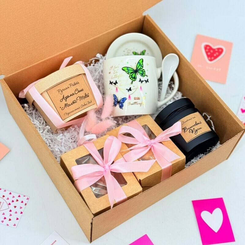 Подарочный чайный набор. Элитный чай, кружка, орехи и арома саше мелтс. Подарок на 14 февраля, стандартный