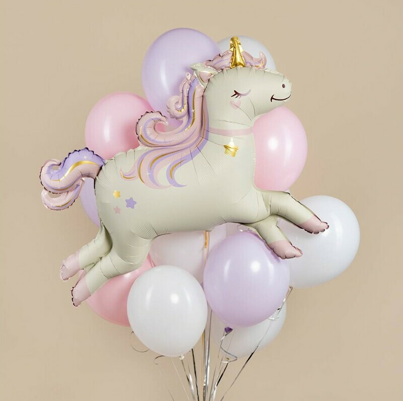 Nezhnie vozdushnie shari s edinorogom dlya devochki. SHariki s geliem. Loshadka edinorog simvol 2026 goda, standart