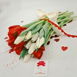 Buket iz 25 krasnih i belih tyul_panov. TCveti tyul_pani na 8 marta