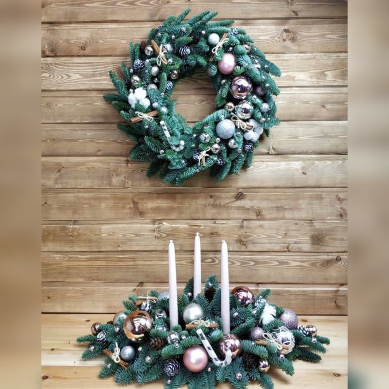 Novogodnij dekor. Venok iz nobilisa 50 sm i nastol_naya kompozitciya, standart