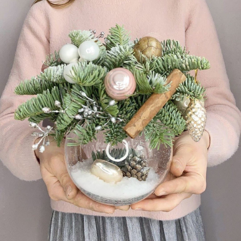 Новогодняя композиция в стекле. Флорариум с нобилисом, стандартный