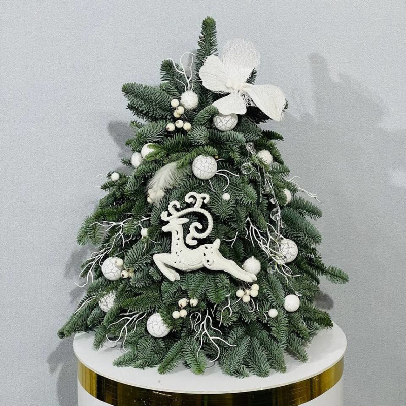 Ёлочка из живого нобилиса с белыми шарами 50 см, стандартный