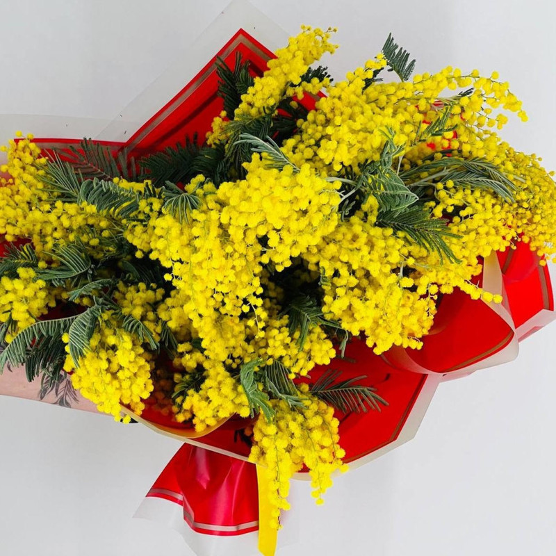 Букет ароматной мимозы в дизайнерской упаковке, стандартный