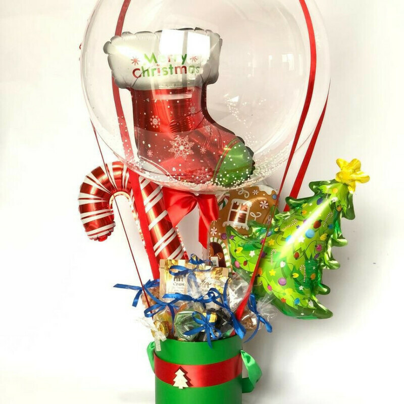 Новогодний подарок букет из чая сладостей. Букет с шаром баблс, стандартный
