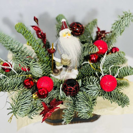 Kompozitciya iz natural_nogo nobilisa v derevyannom kashpo s Dedom Morozom