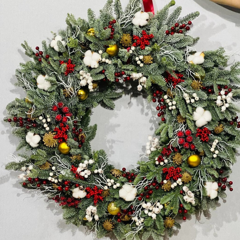 Рождественская композиция венок из натуральной датской ели 90 см нобилис, стандартный