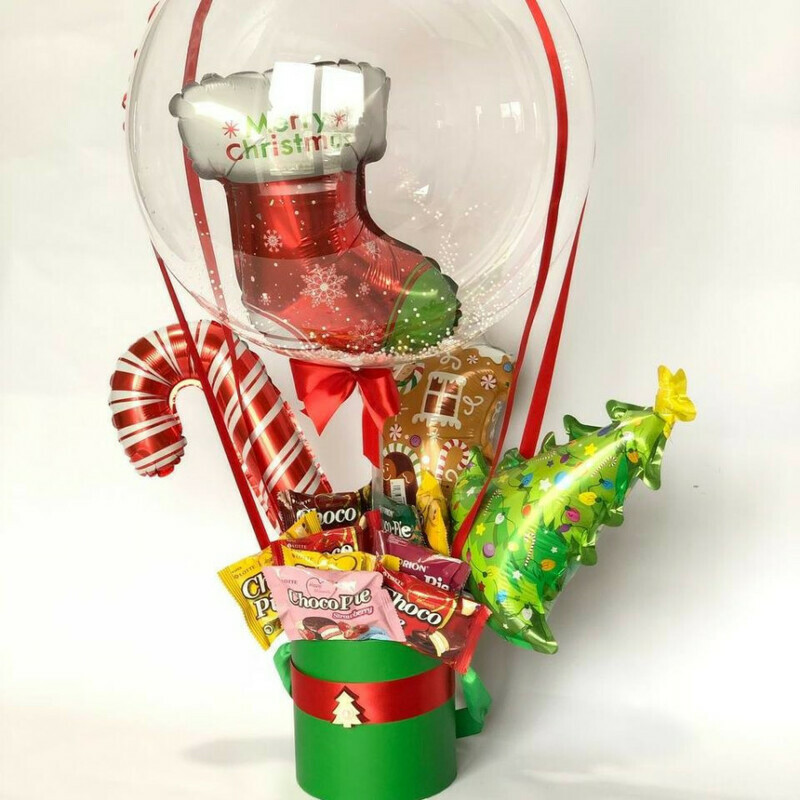 Сладкий бокс новогодний. Букет с шаром баблс, стандартный