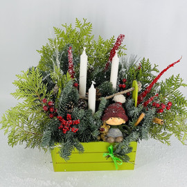 Интерьерная композиция из натуральной хвои нобилис в деревянном ящике