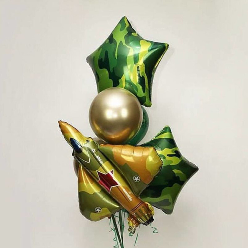 Шарики звёзды милитари с истребителем на 23 февраля, дембель, стандартный