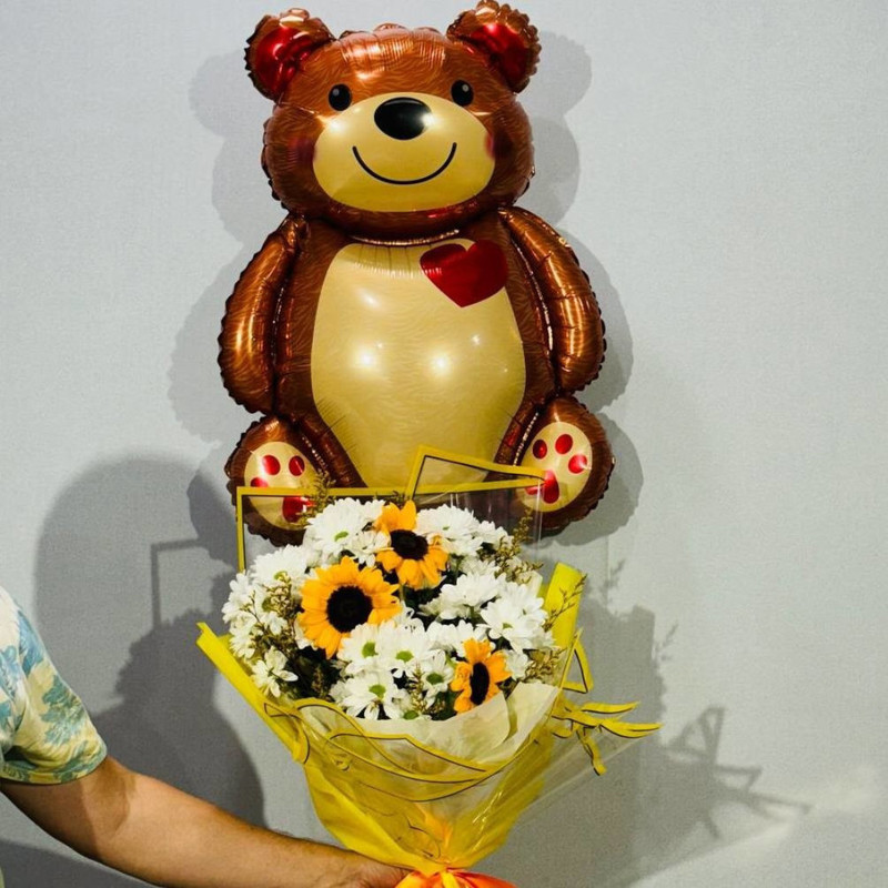 Подсолнухи и хризантемы с фольгированным медвежонком, стандартный