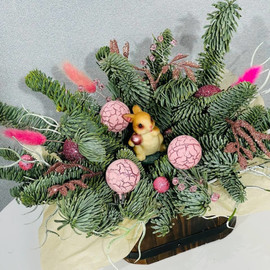 Композиция из живой ели нобилис с зайчиком в деревянном кашпо