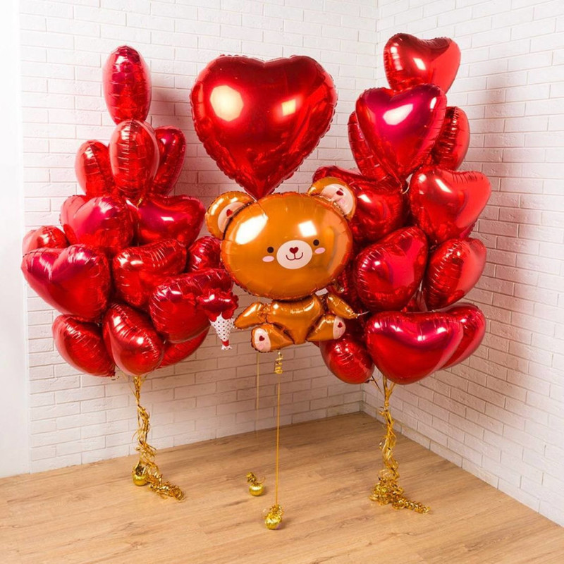 Композиция шаров с мишкой и сердечками на 14 февраля, стандартный