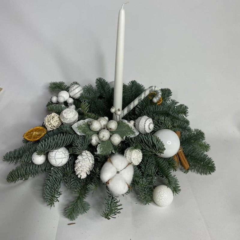 Новогодняя композиция для интерьера из натурального нобилиса со свечой, стандартный