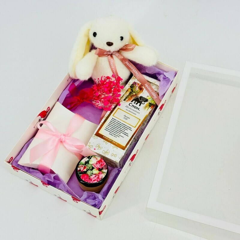 Подарочный набор. Чай элитный, мёд, орехи и мягкая игрушка зайчик. Подарок любимой девушке, стандартный