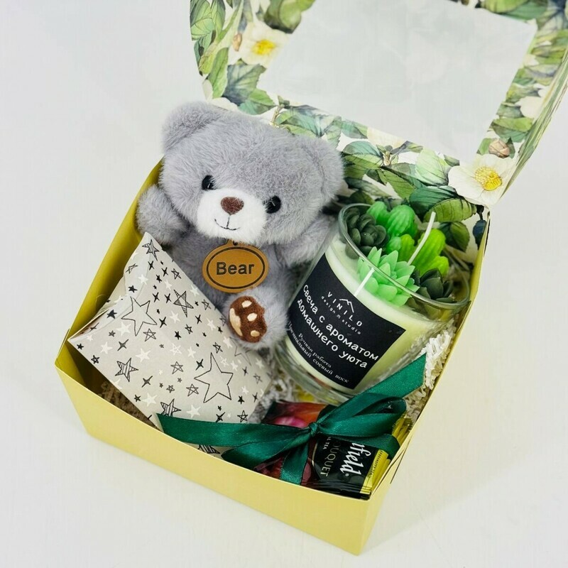 Подарочный набор. Мягкая игрушка медвежонок, свеча ручной работы в стакане, орехи и чай, стандартный