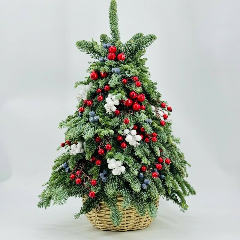 Новогодняя ёлка 70 см из веток натурального нобилиса с ягодами в кашпо из ротанга, стандартный