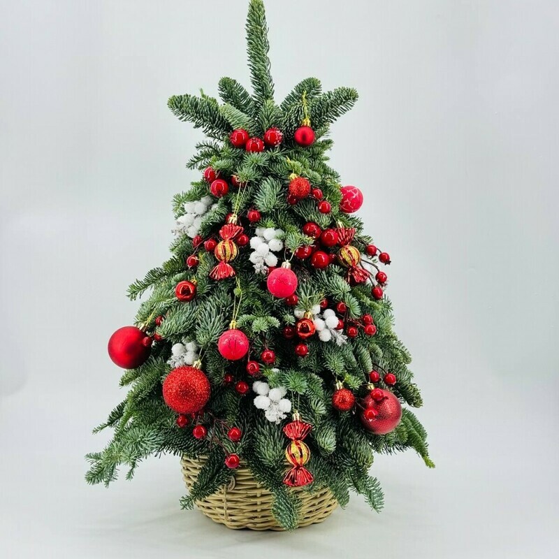 Новогодняя ёлка 70 см ручной работы из веток натурального нобилиса в кашпо из искусственного ротанга, стандартный