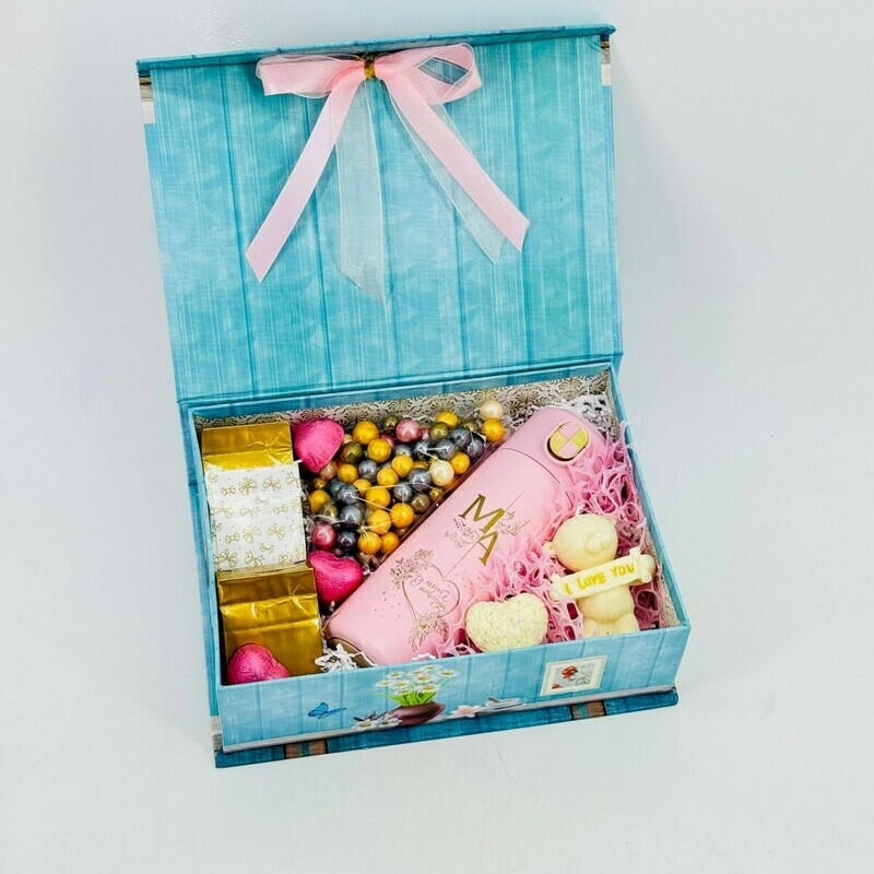 Подарочный набор чая с орехами, термосом и свечами ручной работы. Коробка книга, чайный букет, стандартный