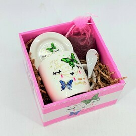 Podarochnij nabor. Keramicheskaya chajnaya para s lozhkoj i elitnij chaj v meshochke. Podarok na 14 fevralya