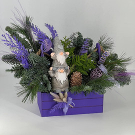 Интерьерная композиция из нобилиса в ящике и фигуркой новогодние гномы