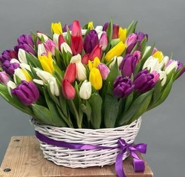 Большой букет из 151 тюльпана в корзине