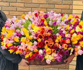 Букет гигант 1001 тюльпан в корзине. Огромный букет тюльпанов
