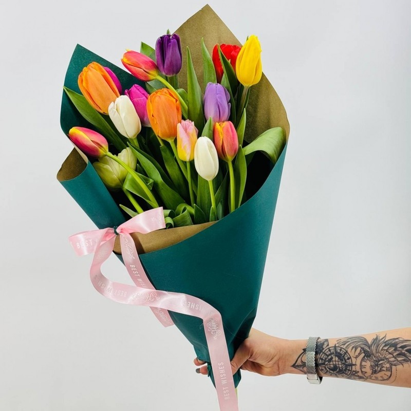 Разноцветные тюльпаны 15 шт, стандартный