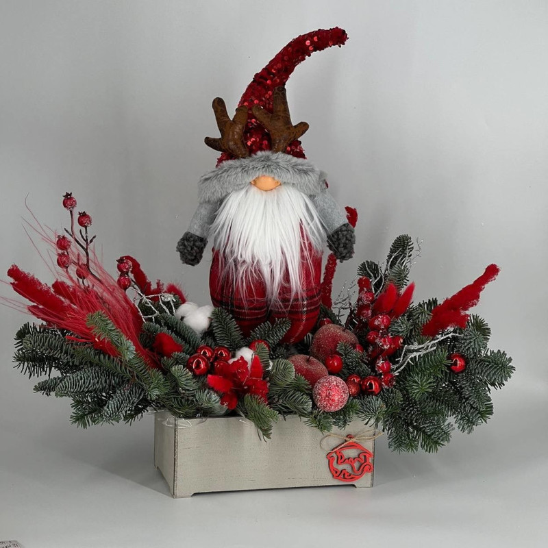 Nastol_naya novogodnyaya kompozitciya iz nobilisa s inter_ernim gnomom dedom morozom, standart