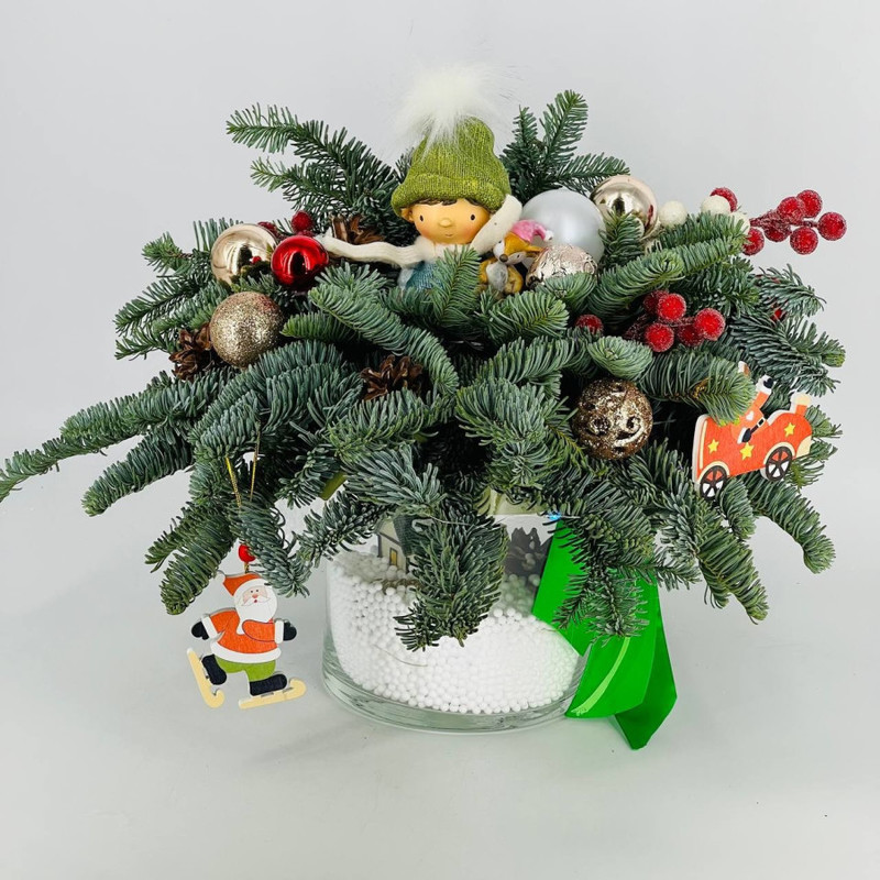 Зимняя композиция для украшения интерьера из датской ели нобилис в стеклянной вазе, стандартный