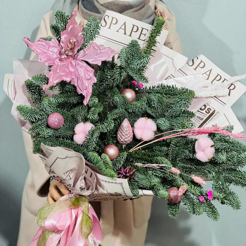 Новогодний букет из веток нобилиса с хлопком, стандартный