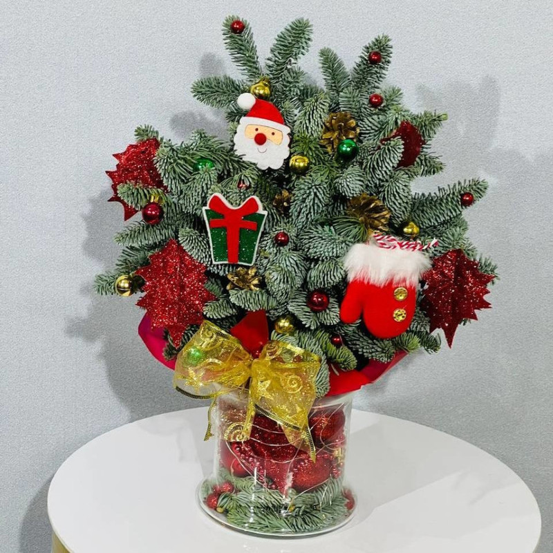Новогодняя ёлочка из натурального нобилиса в стеклянной вазе 45 см, стандартный