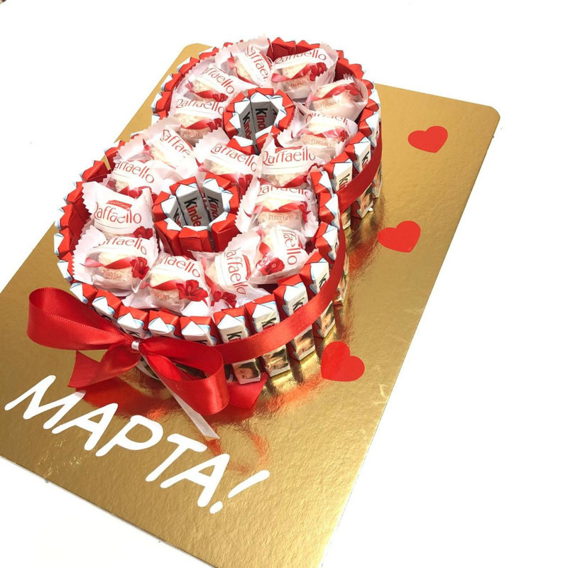 Tort tcifra na 8 Marta iz kinder shokolada i konfet raffaello, standart
